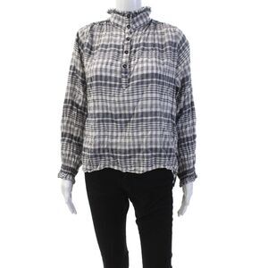 Belize Womens Cotton High Neck Ruffled Detail Smocked Cuff Blouse Gray Size 1